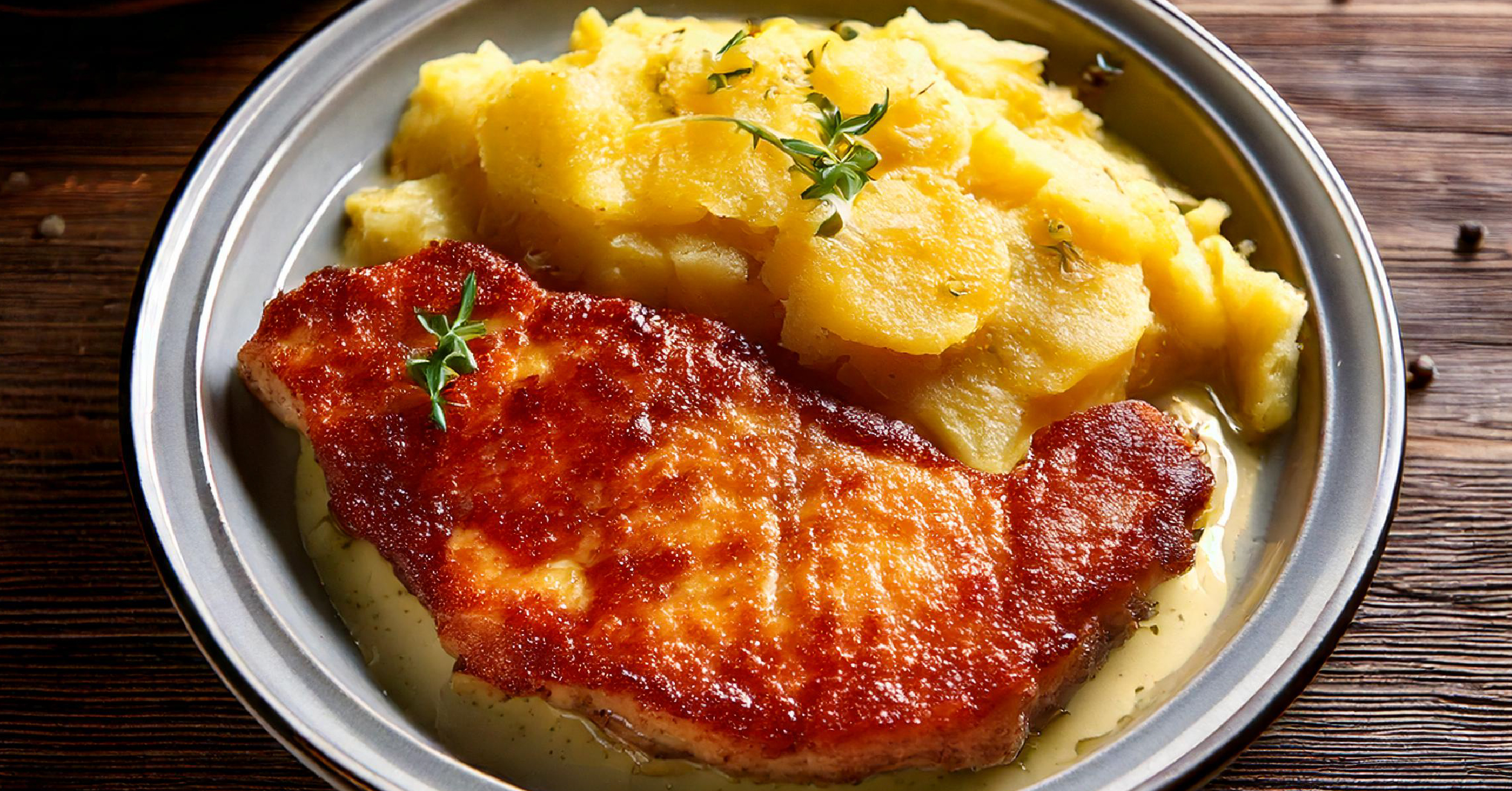 Côte de Porc Ibérique Charcutière & Gratin Dauphinois comme autrefois